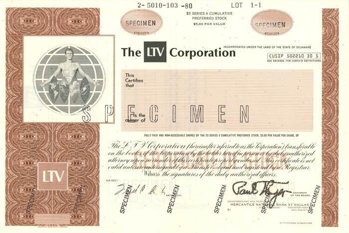 LTV Corporation - Specimen Stock Certificate